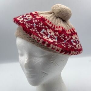 Shetland Pure Wool Beret Hat Made in Scotland Red Fair Isle Knit Pom Pom Tam